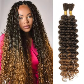 Human Braiding Hair Mix Synthetic Boho Hair for Braiding, 20 Inch Deep Wave Bulk for Boho Braids 2 Pcs Curly Bohemian Wet and Wavy Braiding Hair(4/27, 20 Inch-2pcs)