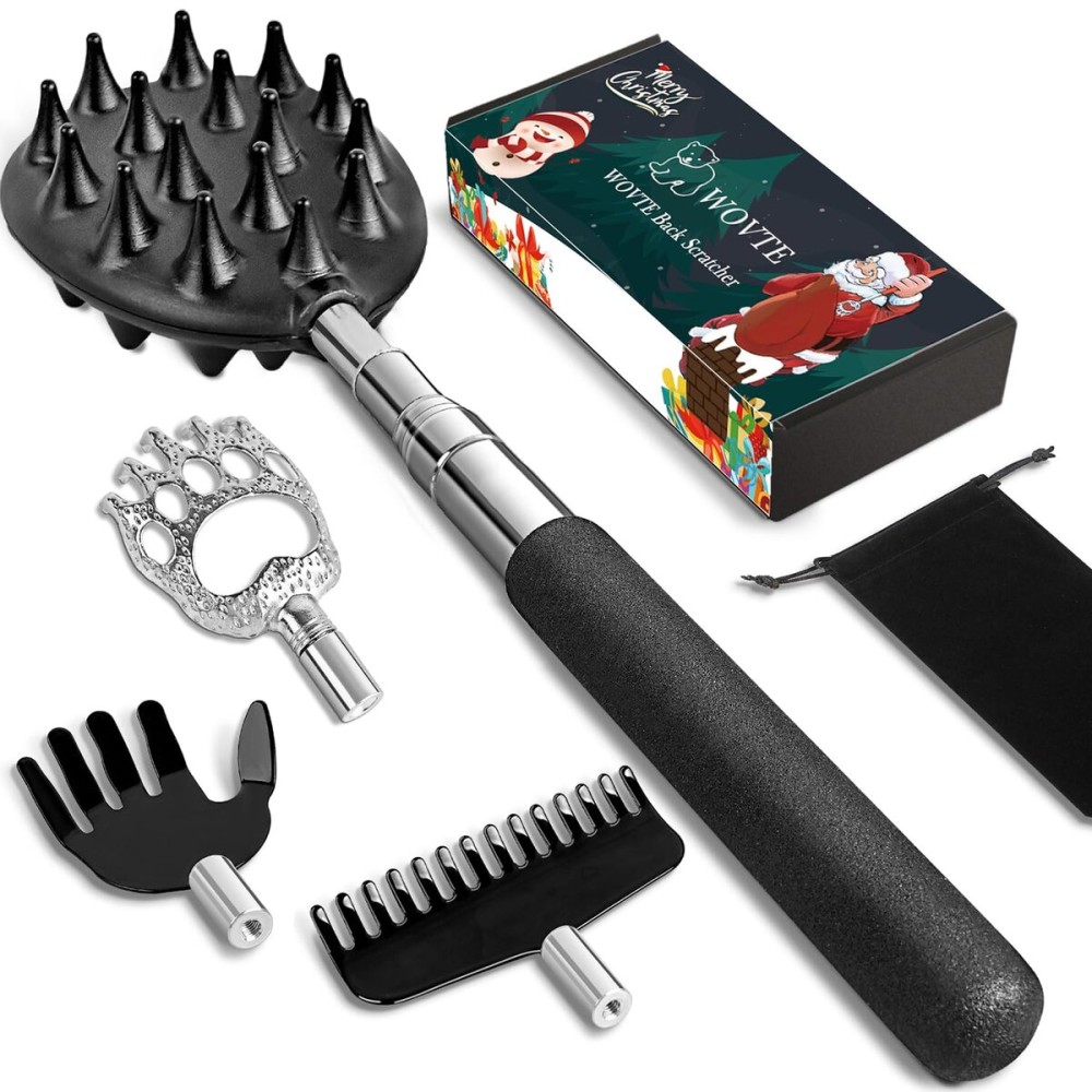 WOVTE Back Scratcher Stocking Stuffers for Men Women Adults with 4PCS Detachable Scratching Heads, Christmas Gifts for Men Women Husband Dad Mom Wife, White Elephant Gifts