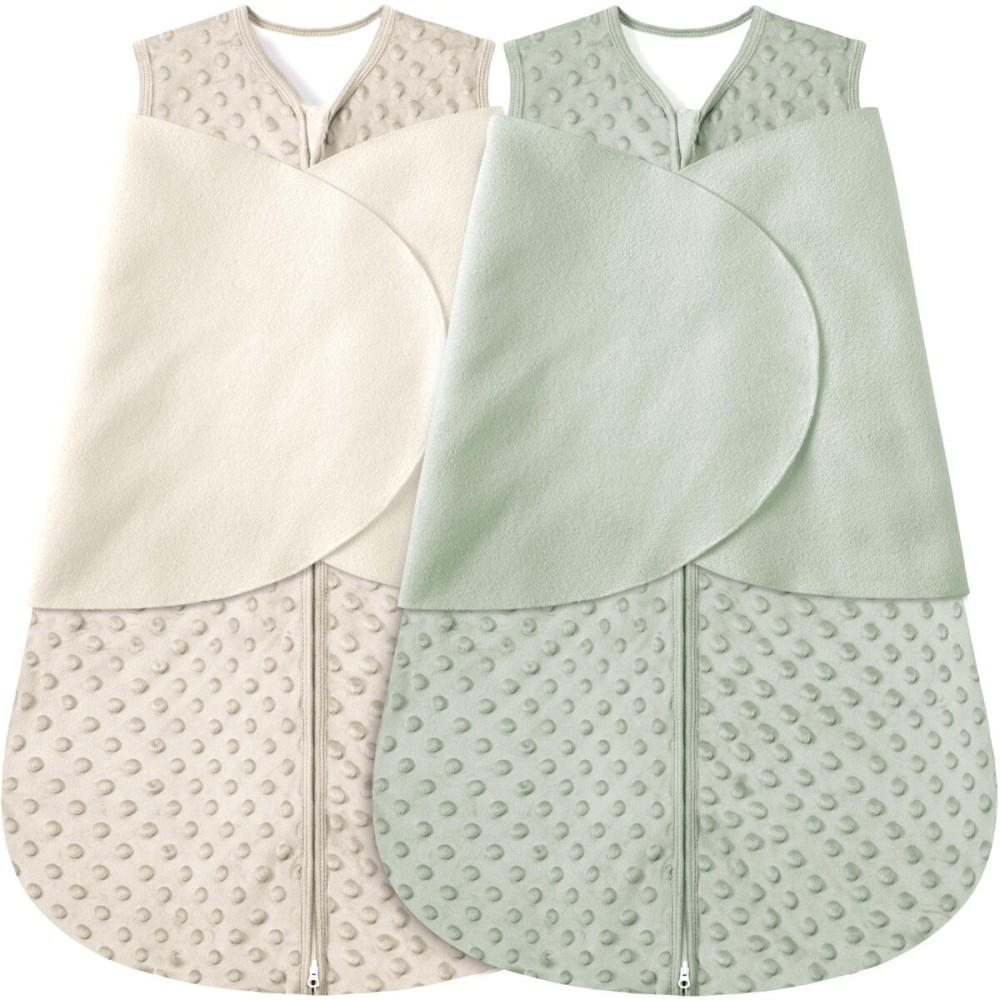 BSTOPPT Newborn Sleep Sack Baby Swaddle,0-12 Months,3-Way Adjustable Wearable Blanket,Swaddling Sleeping Bag (Beige & Grass green, 0-3 Months)