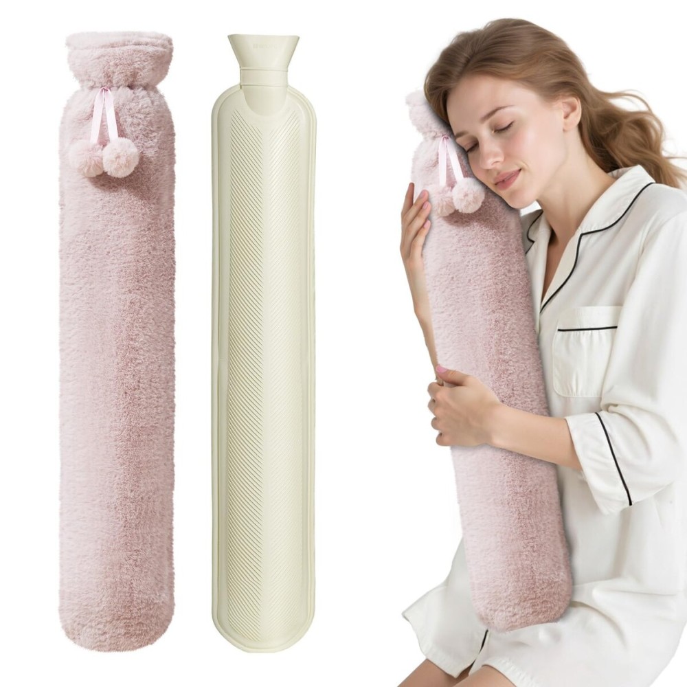 Hot Water Bottle with Cover, 2L Rubber Hot Water Bag with Soft Cover (2 Liter), for Cramps, Compress Pain Relief, Removable Hot Cold Pack (Soft Pink)