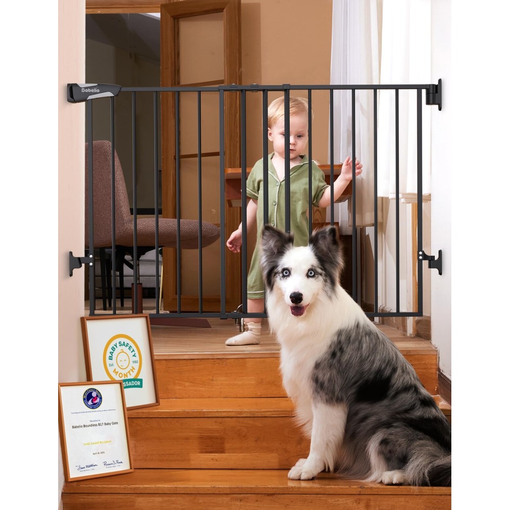 Babelio Baby Gate for Stairs, Kitchen & Doorways, No Bottom Bar| Easy Installation| One-Handed Operation| Auto-Close| Hardware Mount (Drill Needed) Safety Dog Gate (Black - B17, 29-49 W, 28 H)