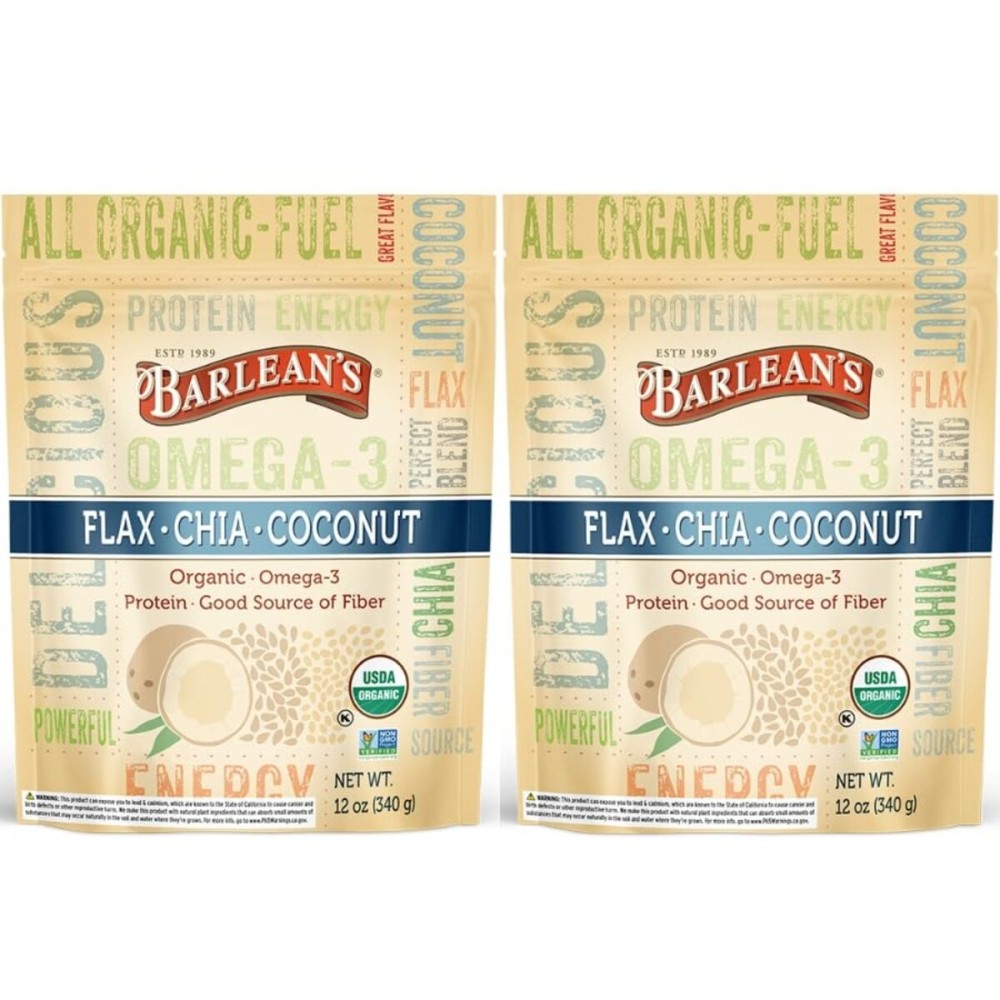 Barlean\'s Organic Flax Chia Coconut Seed Blend with 2,330 mg Omega 3 Fatty Acids, Fiber Supplement with Whole Chia Seeds and Ground Flaxseed, 12 oz, 2 Pack