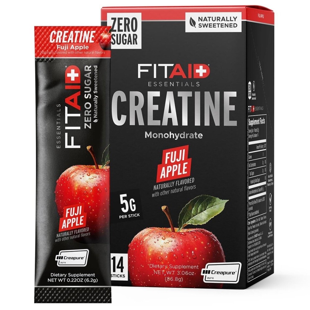 FITAID Creatine Powder, Fuji Apple, Creatine Monohydrate, ATP Production for Weightlifting, Cycling, Zero Sugar, Smooth-Mixing, Easy on Stomach, Travel Friendly, 14 Pack