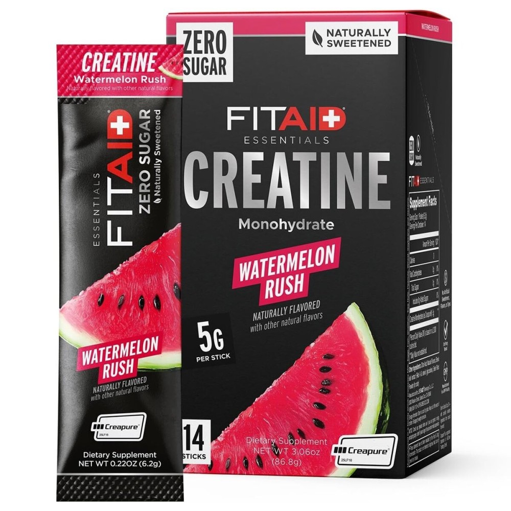 FITAID Creatine Powder, Watermelon Rush, CreaPure Creatine Monohydrate, ATP Production for Weightlifting, Cycling, Zero Sugar, Smooth-Mixing, Easy on Stomach, Travel Friendly, 14 Pack