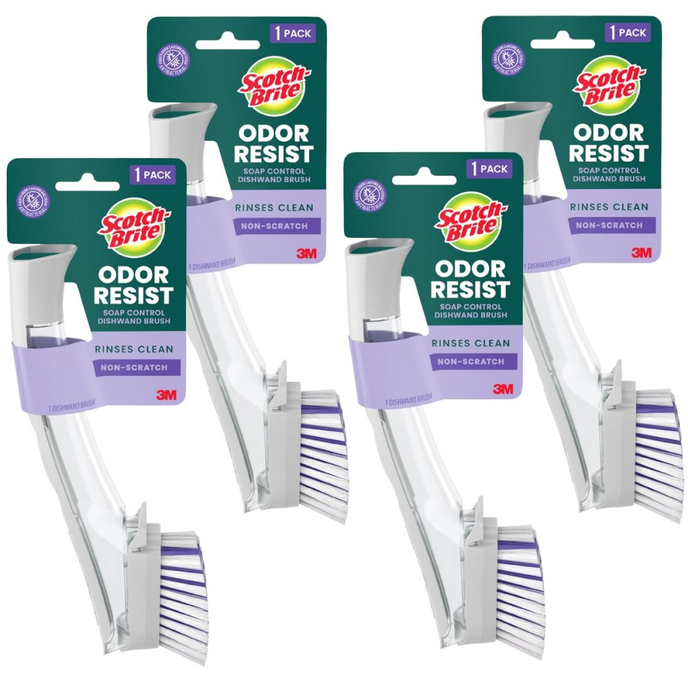 Scotch-Brite Odor Resist Soap Control Dishwand Brush, Non-Scratch Cleaning Brush with Scraper, Stands Upright, 4-Pack