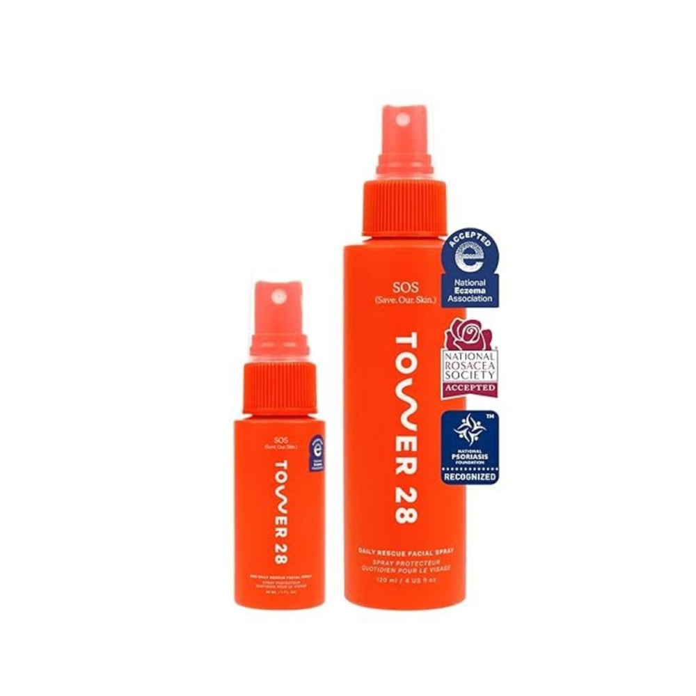Tower 28 SOS Daily Rescue Spray Duo for Sensitive Skin, Hypochlorous Acid Spray Helps Reduce Redness and Breakouts, Full Size and Travel Size