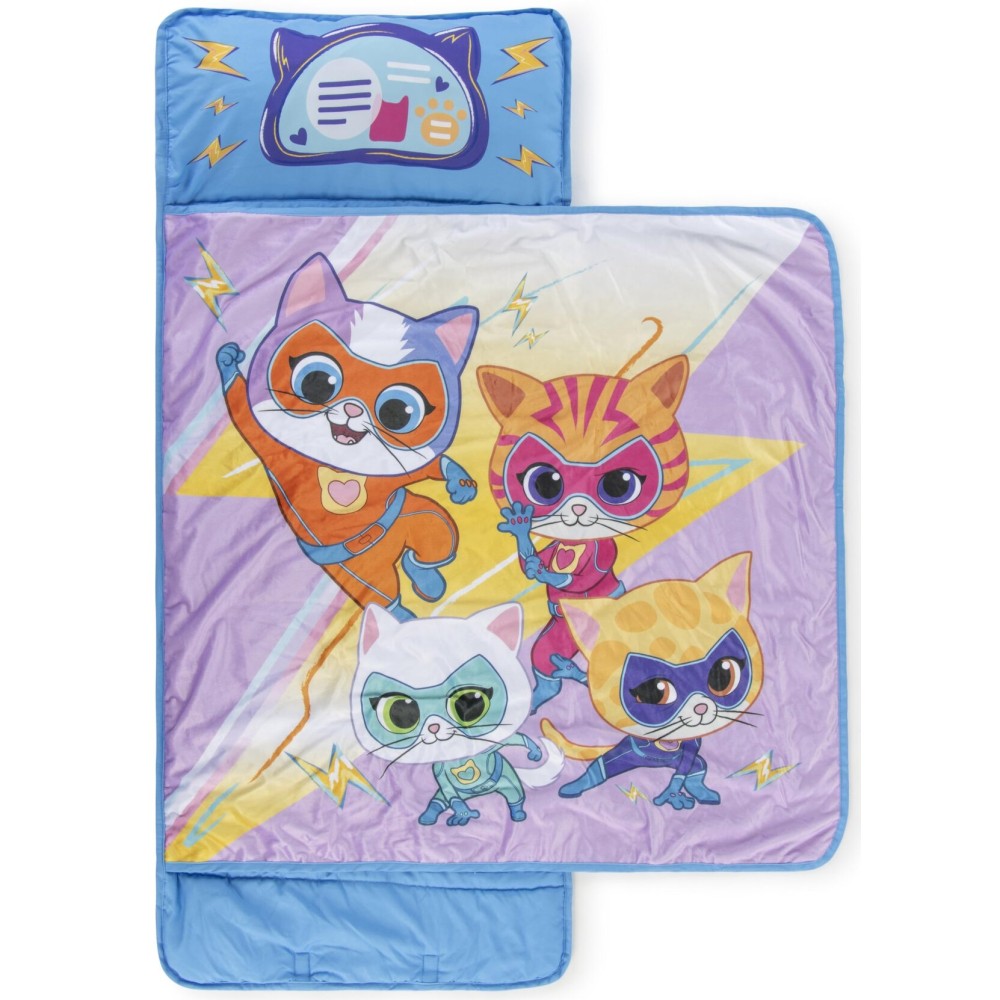 Jay Franco Kids Nap Mat Cartoon Embedded Pillow & Blanket - Soft 46x20Microfiber Sleeping Bag with Name Tag & Handle for School, Travel, Sleepover, Purple - Super Kitties