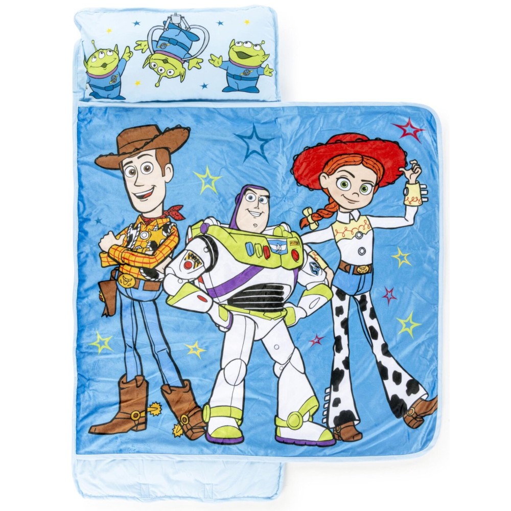 Jay Franco Kids Nap Mat Cartoon Embedded Pillow & Blanket - Soft 46x20Microfiber Sleeping Bag with Name Tag & Handle for School, Travel, Sleepover, Blue - Toy Story