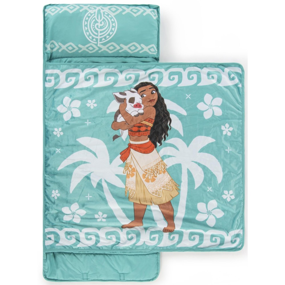 Jay Franco Kids Nap Mat Cartoon Embedded Pillow & Blanket - Soft 46x20Microfiber Sleeping Bag with Name Tag & Handle for School, Travel, Sleepover, Teal - Moana