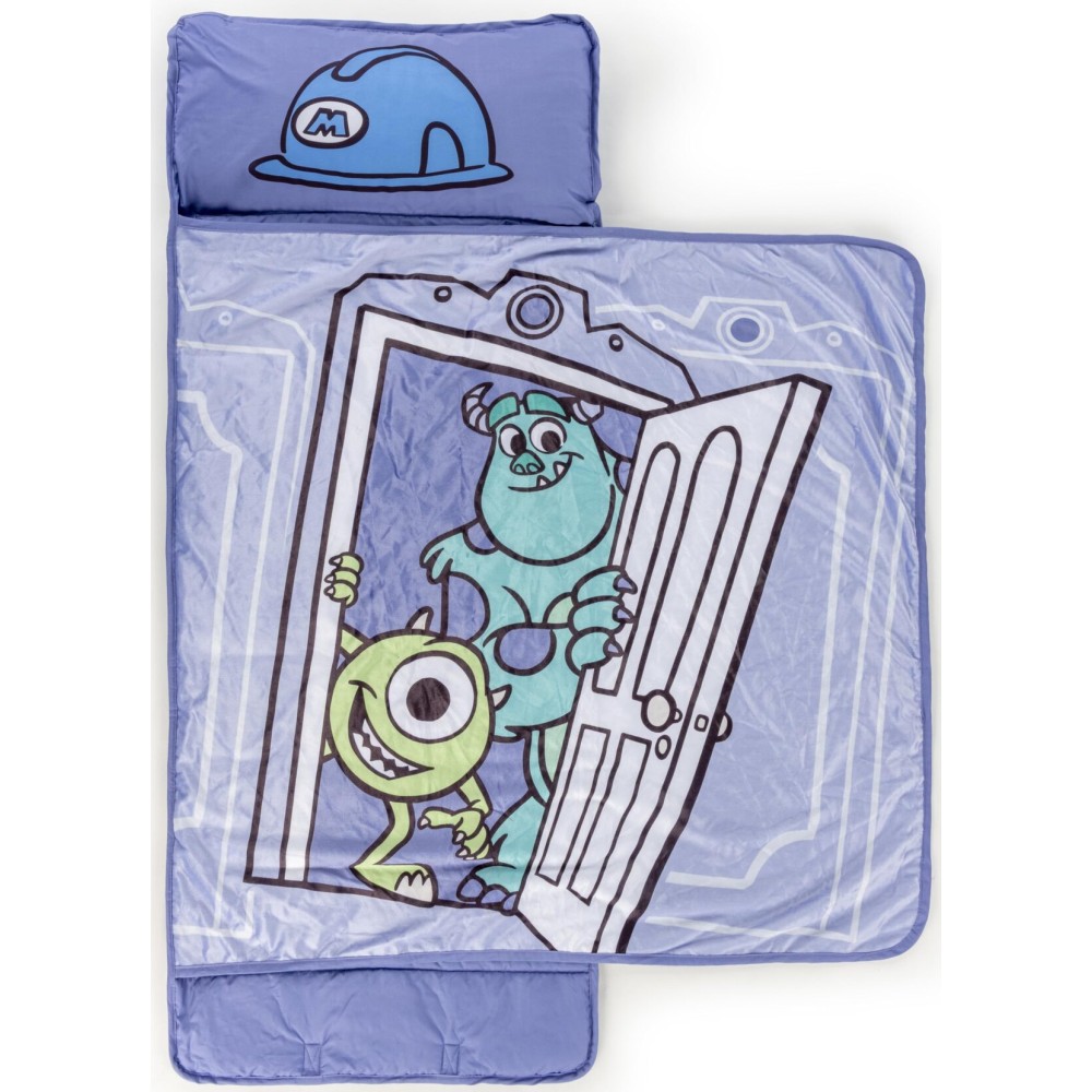 Jay Franco Kids Nap Mat Cartoon Embedded Pillow & Blanket - Soft 46x20Microfiber Sleeping Bag with Name Tag & Handle for School, Travel, Sleepover, Purple - Monsters Inc