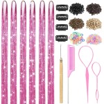 Hair Tinsel with Tools, Fairy Hair Tinsel Kit for Girls 1800 Strands Extensions, 48 Inch Heat Resistant Holographic Colored Hair Glitter Christmas Sparkle Party Halloween Festival (Pink)