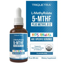 Organic Kids Methylfolate + Methyl B12 Cofactor - Flavorless, Sublingual Form - 5-MTHF Form, Superior Form of Folate - Adjustable Dosing for All Ages - Mood, Behavior, Cognition - 1 oz.