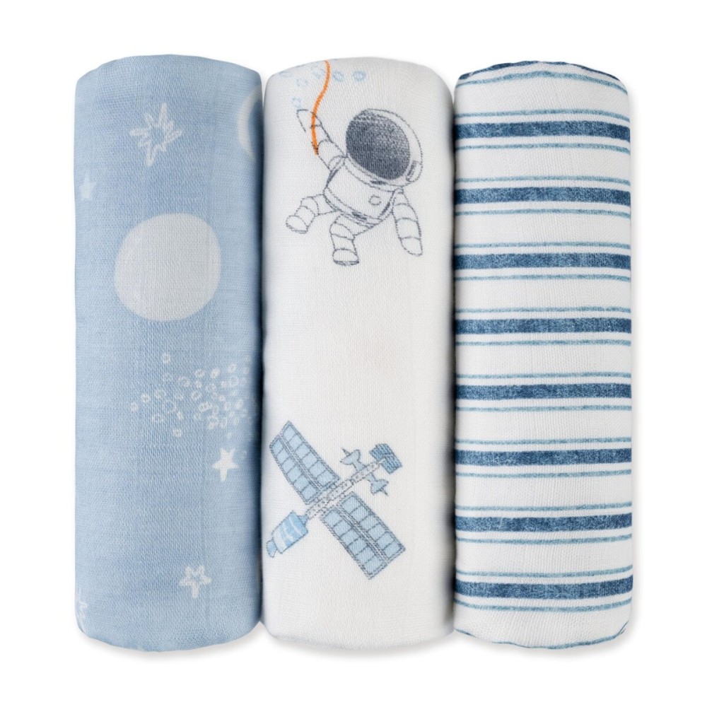 GLLQUEN BABY Receiving Blanket Boy Cotton Muslin Swaddle Blankets Girl Newborn Squares Breathable & Soft Thin Baby Blankets Cloths Double Absorbent Infant Swaddling Wrap - 3 Pack (Blue Astronaut)