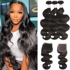 Brazilian Body Wave 3 Bundles with Closure 100% Unprocessed Human Hair Extensions 4x4 Free Part Lace Closure Natural Black Color (22 24 26+20)