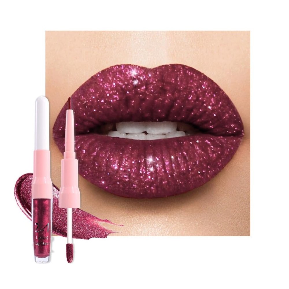 evpct Dark Purple Red Metallic Glitter Lip Liner and Lipstick Combo Lip Gloss Stain Set Makeup for Women Long Lasting Waterproof 24, Non Stick Cup Metal Shine Shimmer Iridescent Liquid Lipstick 26