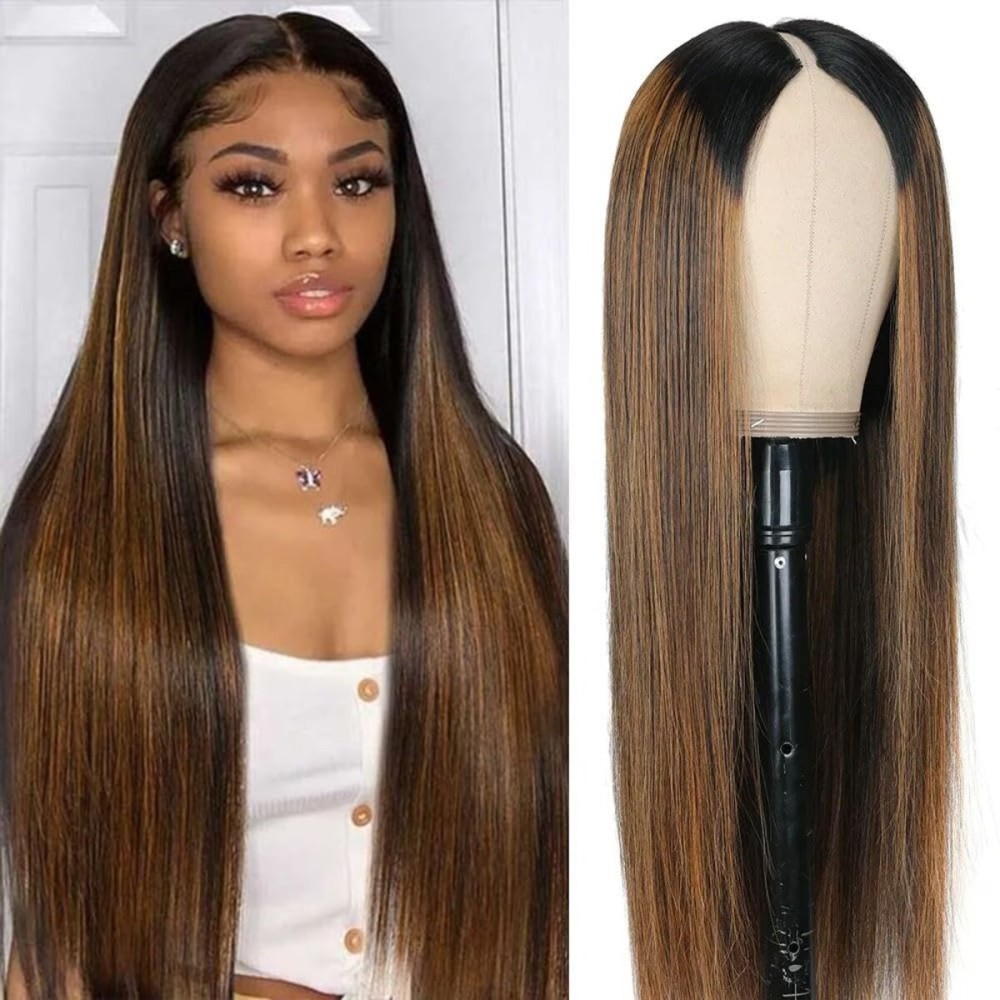 Pobokix Highlight V Part Wigs Human Hair Straight Brazilian Virgin Human Hair Wigs Ombre Brown Upgrade U Part Wigs 180% Density Glueless Full Head Clip In Half Wigs 20inch FB30