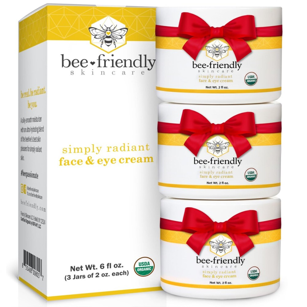 BeeFriendly Organic Face and Eye Cream, USDA Certified Organic Facial Moisturizer, All In One Natural Face, Eye, Neck, Decollete Cream Reduces Wrinkles & Lines, 6 oz (3 Jars in a box)