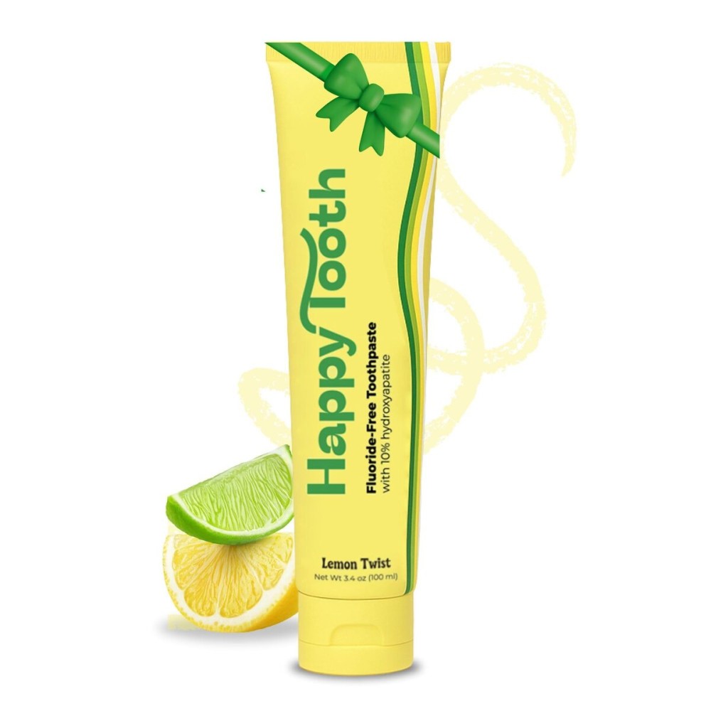 Happy Tooth Hydroxyapatite Toothpaste, Fluoride Free, Natural Whitening for Kids, Toddlers and Adults, SLS Free, Enamel Safe, Dentist Formulated with Clean Ingredients, Lemon Twist Flavor, 3.4 oz