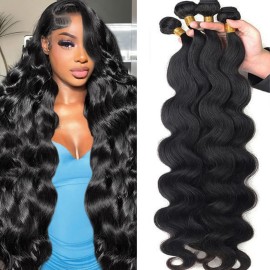 Katspon 12A Human Hair Bundles Body Wave 100% Unprocessed Brazilian Virgin Hair 4 Bundles Human Hair Extensions Quick Weave Human Hair (4 Bundlles Natural black, 22 24 26 28 Inch)