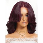Beauty Forever Glueless Bob Wig Human Hair Body Wave Black Cherry HD Lace Bob Drawstring Wig with Face Framing Bangs 150% Density 12 Inches Pre Plucked Pre Cut Bye Bye Knots Ready to Go Blow Out Wig