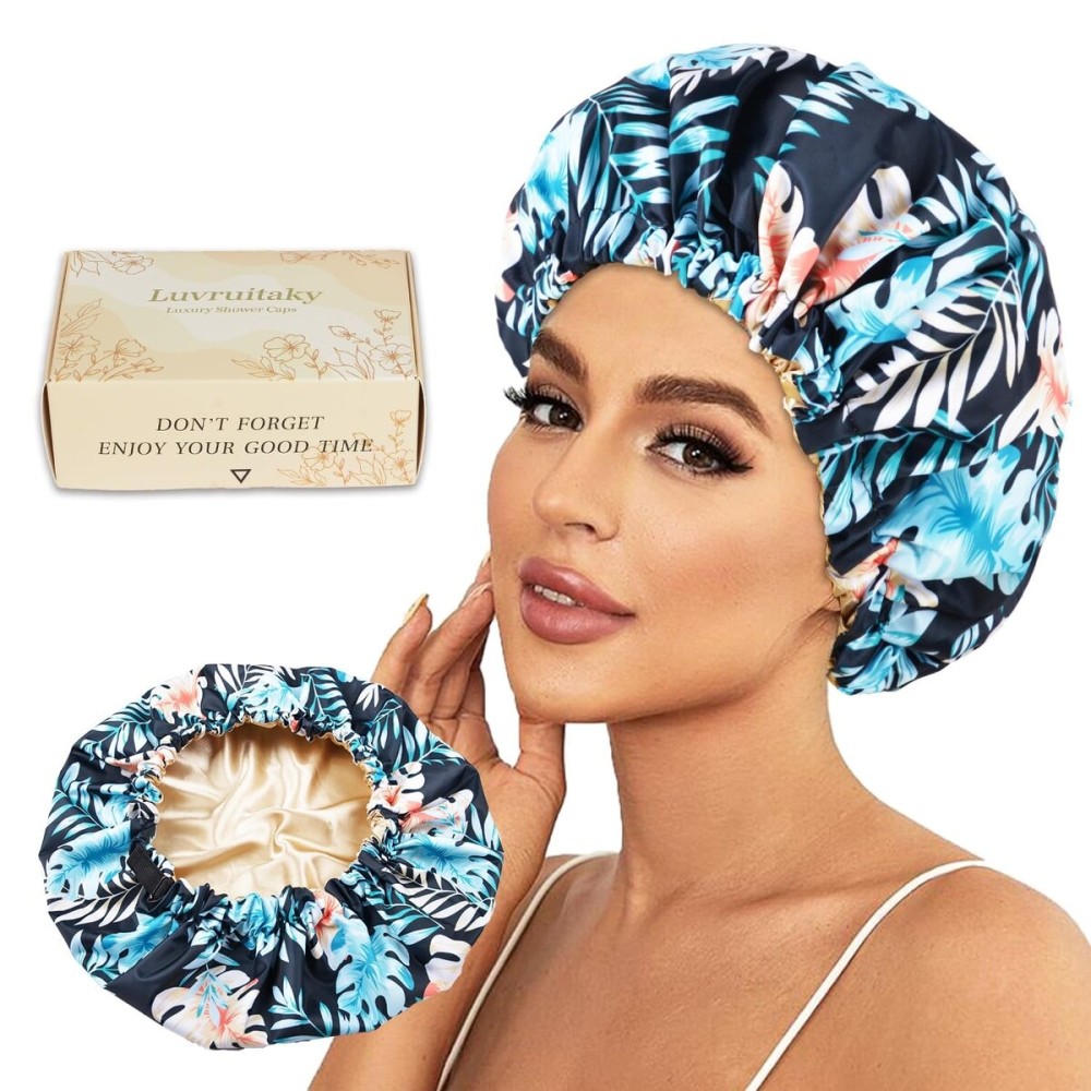 Luvruitaky Large Shower Caps for Women Reusable Waterproof Satin Lined Shower Cap with Adjustable Band Double Layer Design Luxury Washable Bath Hair Bonnet (Black Palm)