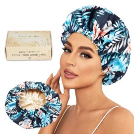 Luvruitaky Large Shower Caps for Women Reusable Waterproof Satin Lined Shower Cap with Adjustable Band Double Layer Design Luxury Washable Bath Hair Bonnet (Black Palm)