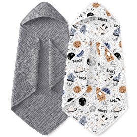 Yoofoss Hooded Baby Towels for Newborn 2 Pack 100% Muslin Organic Cotton Baby Bath Towel with Hood for Babies, Infant, Toddler and Kids, 32x32Inch, Soft and Absorbent Newborn Essential, Grey Planet