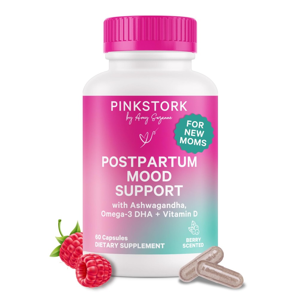 Pink Stork Postpartum Mood Support - Postnatal Hormone Balance for Women - Breastfeeding Friendly - Stress & Cognitive Support, New Mom Essentials - Ashwagandha, Chamomile, & Vitamin D, 60 Capsules