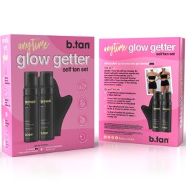 b.tan Dark Self Tanner Gift Box | Anytime Glow Getter Bundle - 2 Pack Sunless Tanning Mousse with Mitt, 1 Hour Express Fake Tan Foam, Best Christmas Stocking Stuffer Fast Bronze, Face & Body