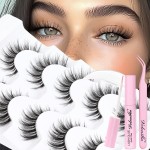 Veleasha Lashes Wispy False Eyelashes 100% Handmade Eyelashes Natural Look Fake Lashes Lightweight Lashes with Soft Clear Band & Lash Glue and Tweezers 5 Pairs Pack (G2 Kit)