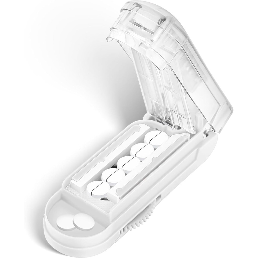 DUBSTAR Pill Cutter Splitter for Small and Tiny Pills, Multiple Cutters for Small or Large Pills, Adjustable Pill Splitter with Centering Device and Blade Guard for Multi Tablets (White)
