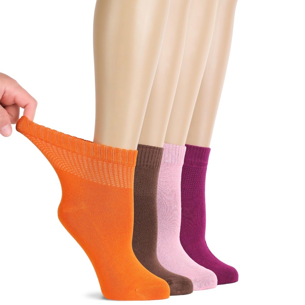 Hugh Ugoli Diabetic Socks for Women, Super Soft, Thin Ankle Socks, Wide, Loose, Non-Binding Top, Seamless Toe, 4 Pairs, P.Orange/L.BrownL/Pink/Fuchsia, Shoe Size: 10-12