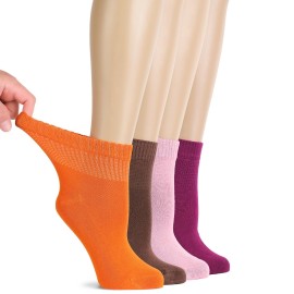 Hugh Ugoli Diabetic Socks for Women, Super Soft, Thin Ankle Socks, Wide, Loose, Non-Binding Top, Seamless Toe, 4 Pairs, P.Orange/L.BrownL/Pink/Fuchsia, Shoe Size: 10-12
