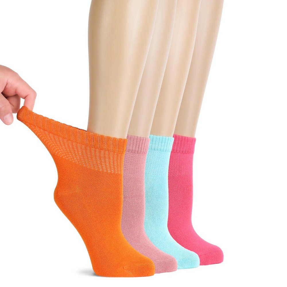 Hugh Ugoli Diabetic Socks for Women, Super Soft, Thin Ankle Socks, Wide, Loose, Non-Binding Top, Seamless Toe, 4 Pairs, P.Orange/R.Cloud/P.Blue/P.Pink, Shoe Size: 10-12