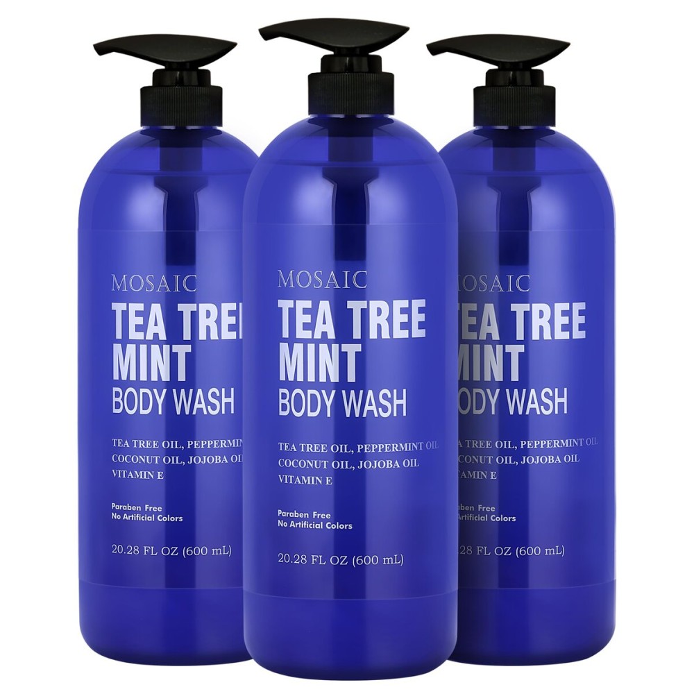 Tea Tree Body Wash with Mint & Shower Gel with Vitamin E for Jock Itch, Eczema, Ringworm, Body Odor, Body Wash Women & Men with Added Body Oils,LARGE 20.2 FL Oz Bottle (Tea Tree Mint, Pack of 3)