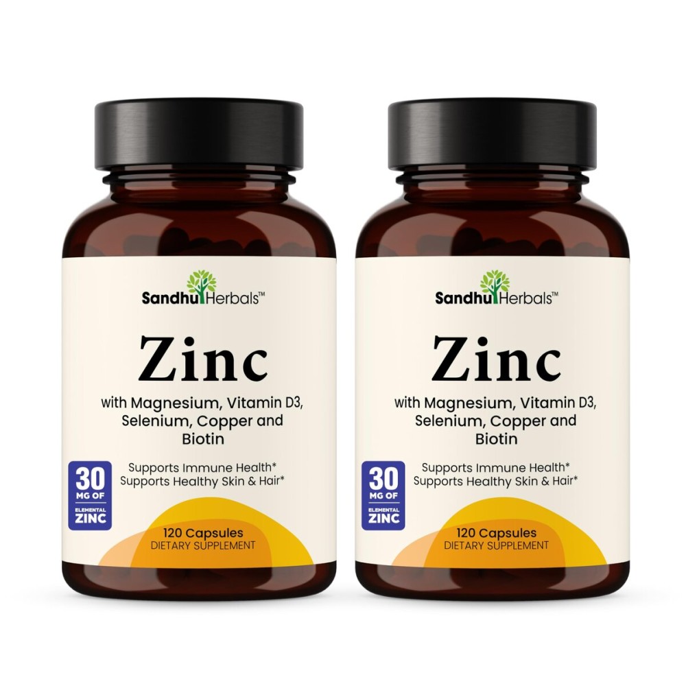 SANDHUHERBALS Zinc 30mg with Vitamin D3, Magnesium, Selenium, Vitamin B6, B7 (Biotin), Copper | Zink Supplement for Men & Women, Chelated Zinc Immune, Skin, Hair Support | 120 Capsules (Pack of 2)