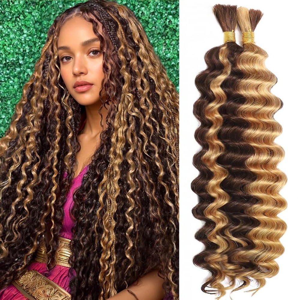 Human Braiding Hair for Boho Braids Human Hair 2 Bundles/Pack 110g 20 Inch Deep Wave Bulk Human Hair for Braiding 4/27 Highlight Ombre Curly Knotless 12A Brazilian Ombre Braids