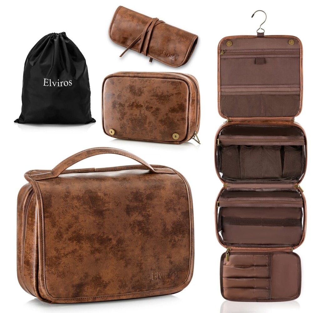 Elviros Hanging Travel Toiletry Bag Gift for MenMens Toiletries Bag Gifts Set Shaving Dopp Kit Water-resistant Bathroom Toiletries Organizer PU Leather Cosmetic Bags 2 Pack