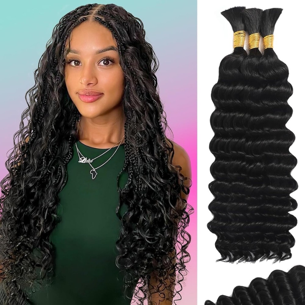 Human Braiding Hair for Boho Braids Human 110g 16 Inch Curly Boho Hair for Braiding Knotless 12A Deep Wave Bulk Bohemian 3 Bundles/Pack Natural Color
