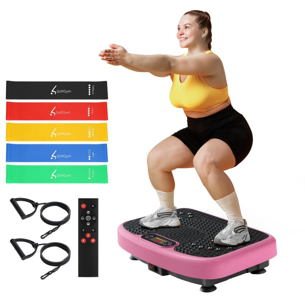 SoftGym Vibration Plate Exercise Machine for Lymphatic Drainage,Power Vibrate Stand Shake Board 450 Lbs Capacity Whole Body Workout Waver with Resistance Bands Weight Loss Gifts for Women Men-Cherry