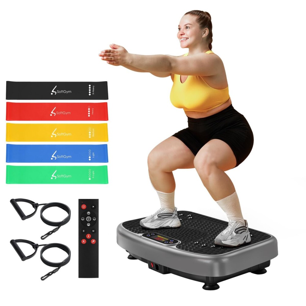 SoftGym Vibration Plate Exercise Machine for Lymphatic Drainage,Power Vibrate Stand Shake Board 450 Lbs Capacity Whole Body Workout Waver with Resistance Bands Weight Loss Gifts for Women Men-Gray
