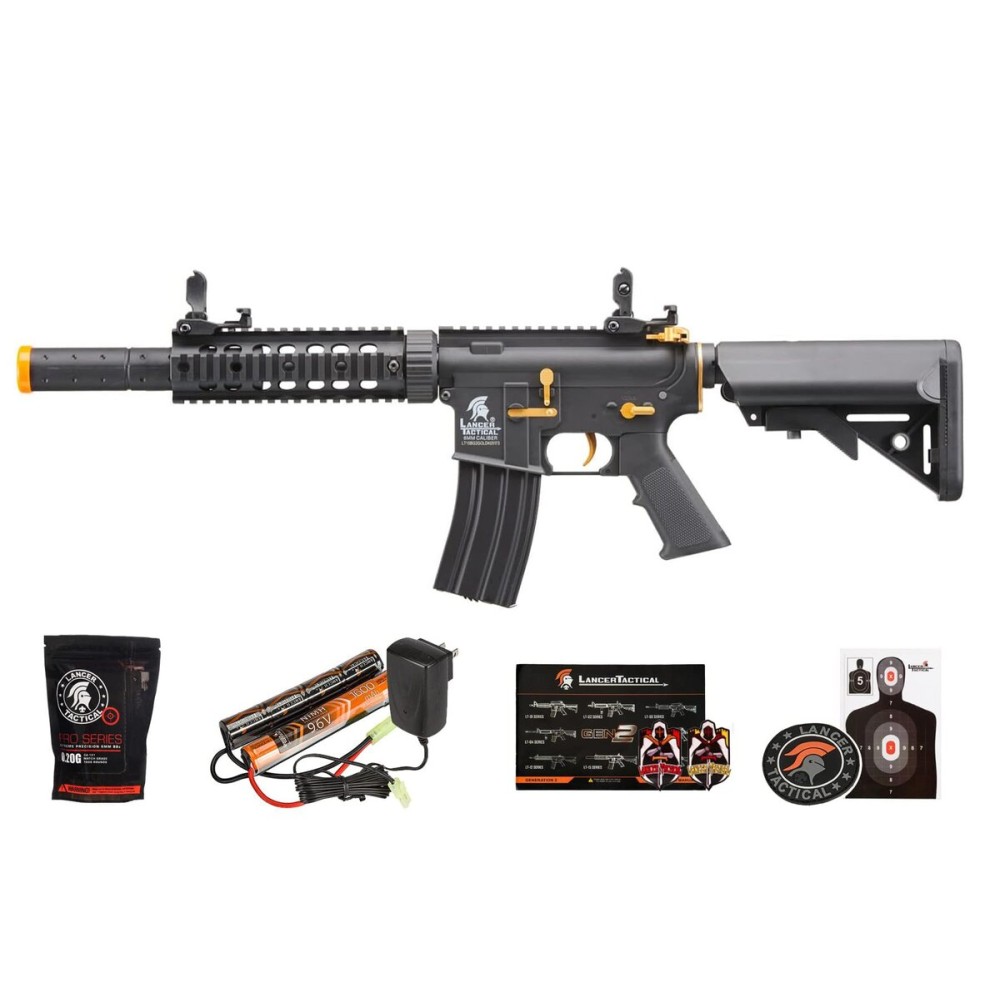Lancer Tactical Gen 2 Durable Airsoft Gun SD M4 Polymer- Full/Semi-Auto Piactinny Rail AEG Rifle with 0.20g BBS, Charger and Battery (Accents, Gold)