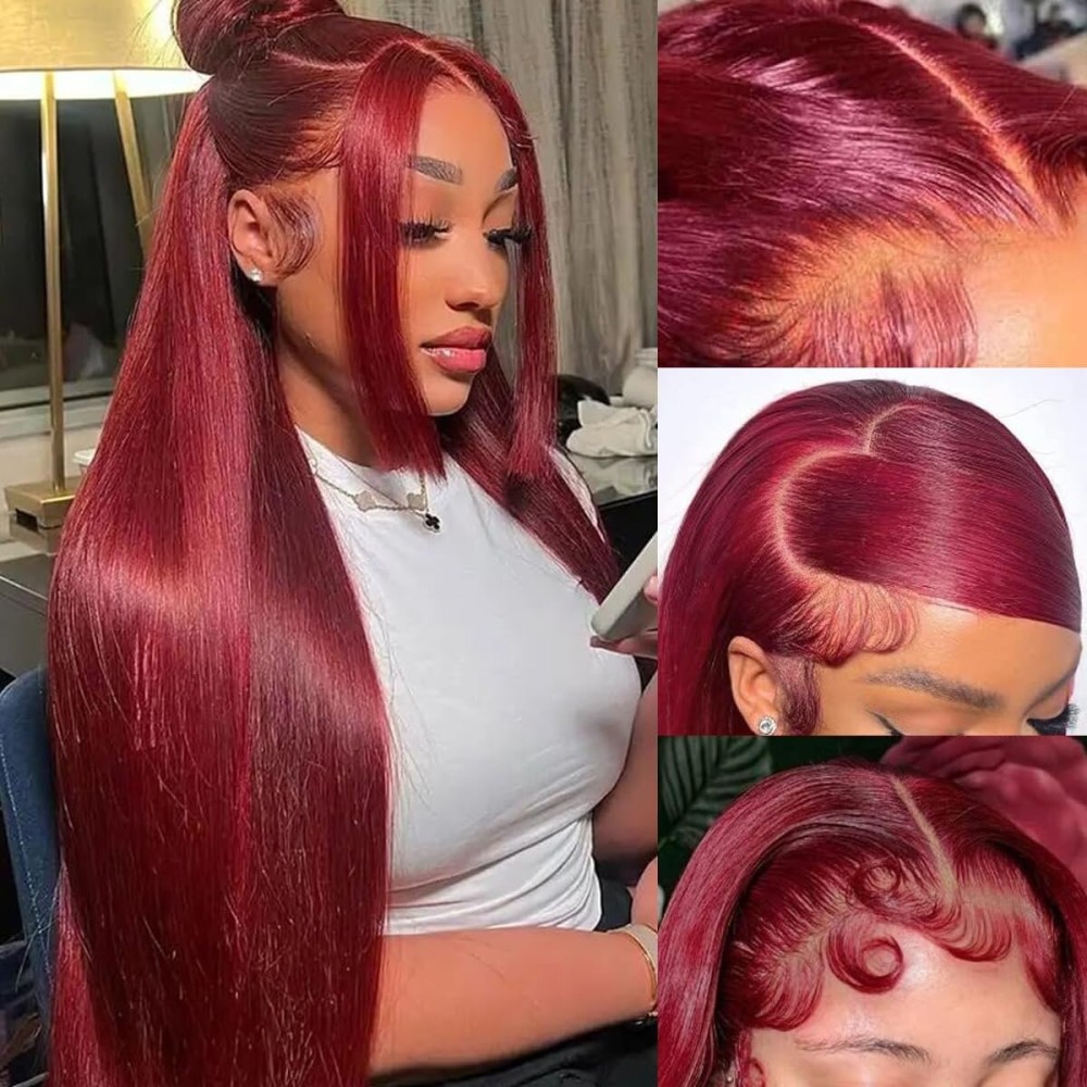 tobasew 200 Density Burgundy Straight Lace Front Wigs Human Hair 99J 13x6 HD Lace Frontal Red Wigs Pre Plucked With Baby Hair