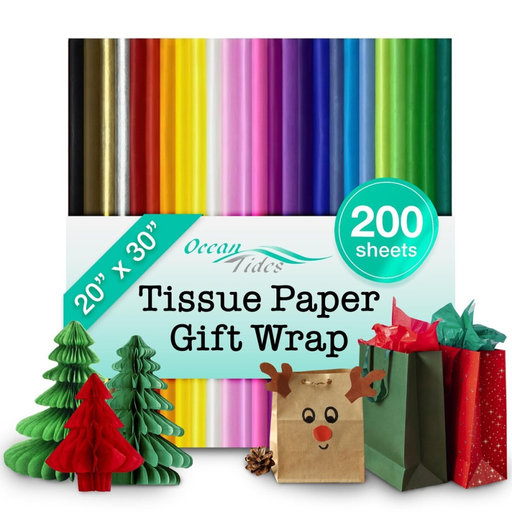 Ocean Tides 200 Sheets (20 x 30 Inches) Christmas Wrapping Paper - Gift Wrapping Tissue Paper Bulk for Crafts, Birthdays, & Holidays - Colored Tissue Papers for Gift Bags & Decorations, Assorted
