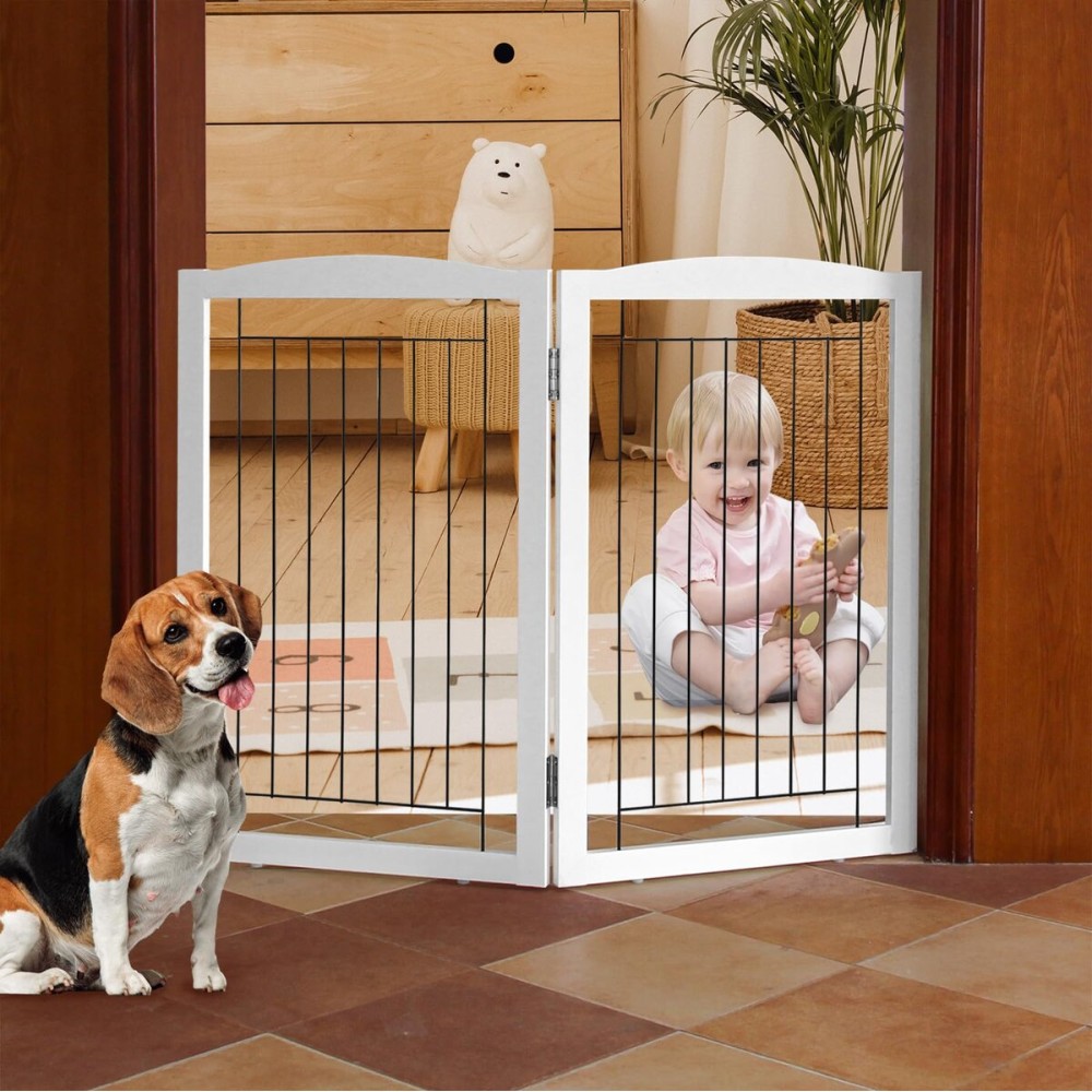 ZJSF Freestanding Foldable Dog Gate - Extra Wide Wooden White Puppy Gate - 2 Panels Pet Fence