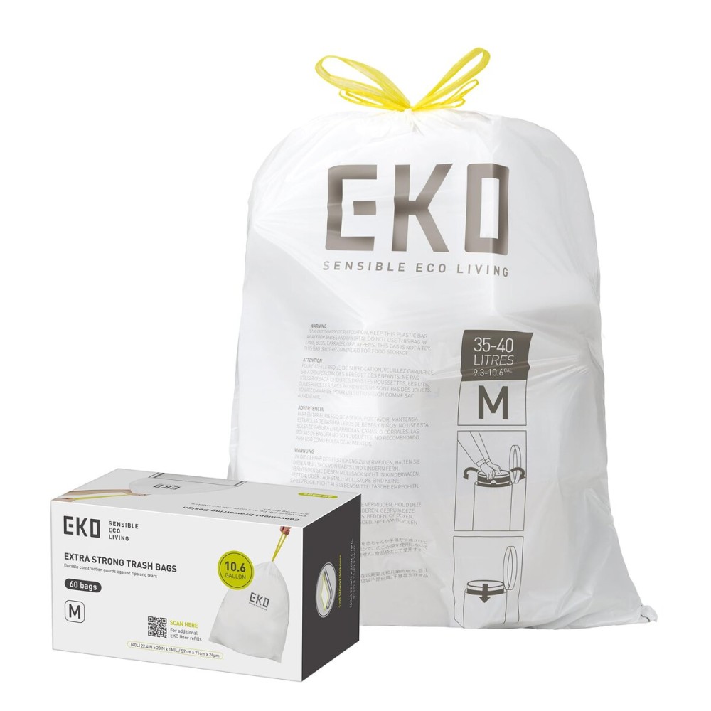 EKO 10.6 Gallon / 35-40 Liter Drawstring Trash Bags, 60 Count Heavy-Duty Tall Kitchen Garbage Can Liners, Extra-Strong Leak-Resistant, Unscented, White, Code M